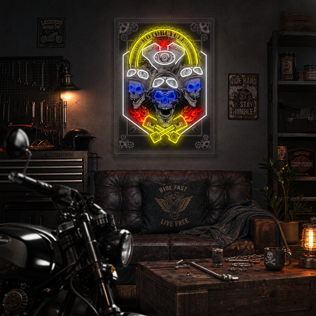"Étiquette de moto vintage avec des crânes" Enseigne néon