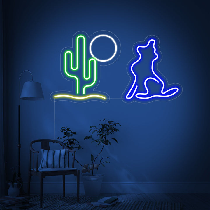 "Cactus, Lune, Loup" Enseigne Lumineuse en Néon