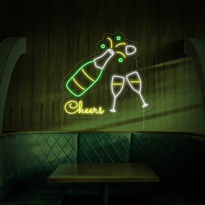 "Bouteille De Champagne, Flûtes À Champagne, Cheers" Enseigne Lumineuse en Néon