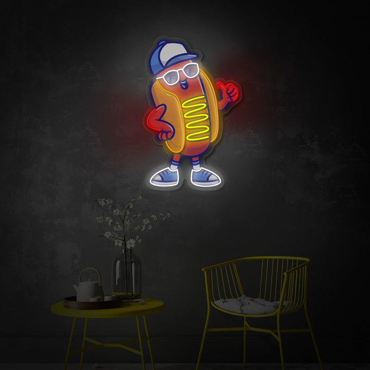 "Hot-dog cool portant des verres et un chapeau, nourriture, restaurant" Enseigne néon LED imprimée UV