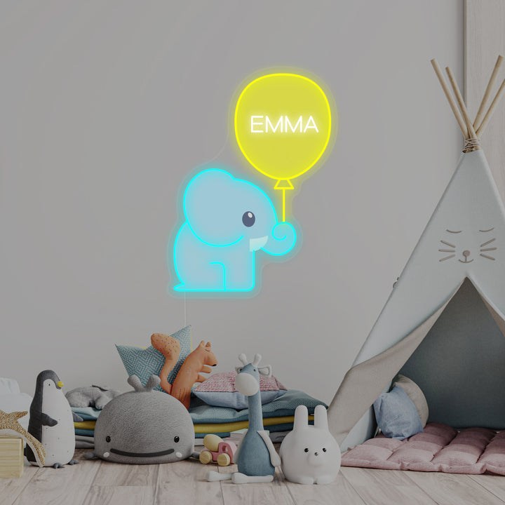 "Nom Personnalisé Avec Éléphant Et Ballon, Décoration De Chambre D'Enfant" Enseigne Lumineuse en Néon