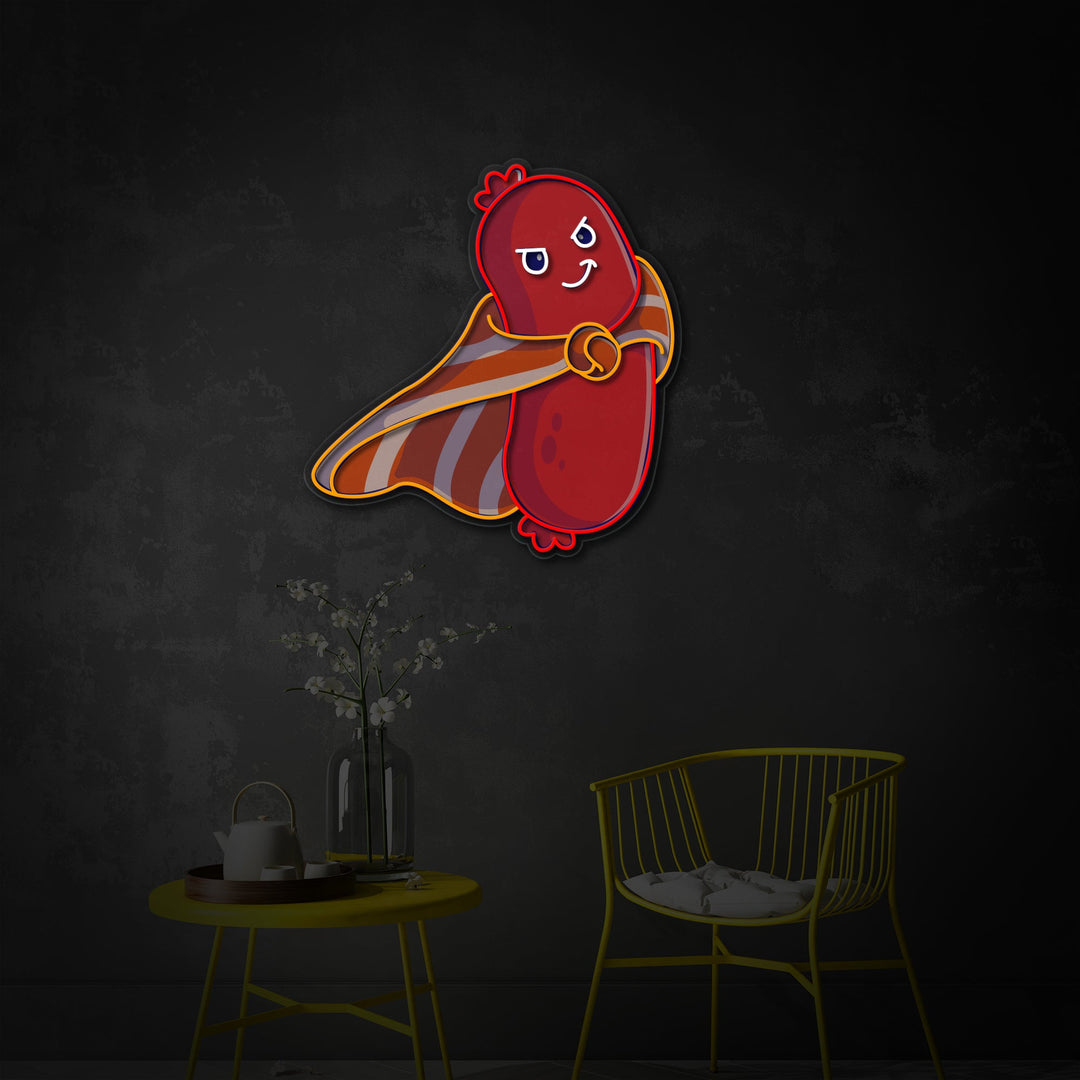 "Super héros de la saucisse mignonne, nourriture, restaurant" Enseigne néon LED imprimée UV