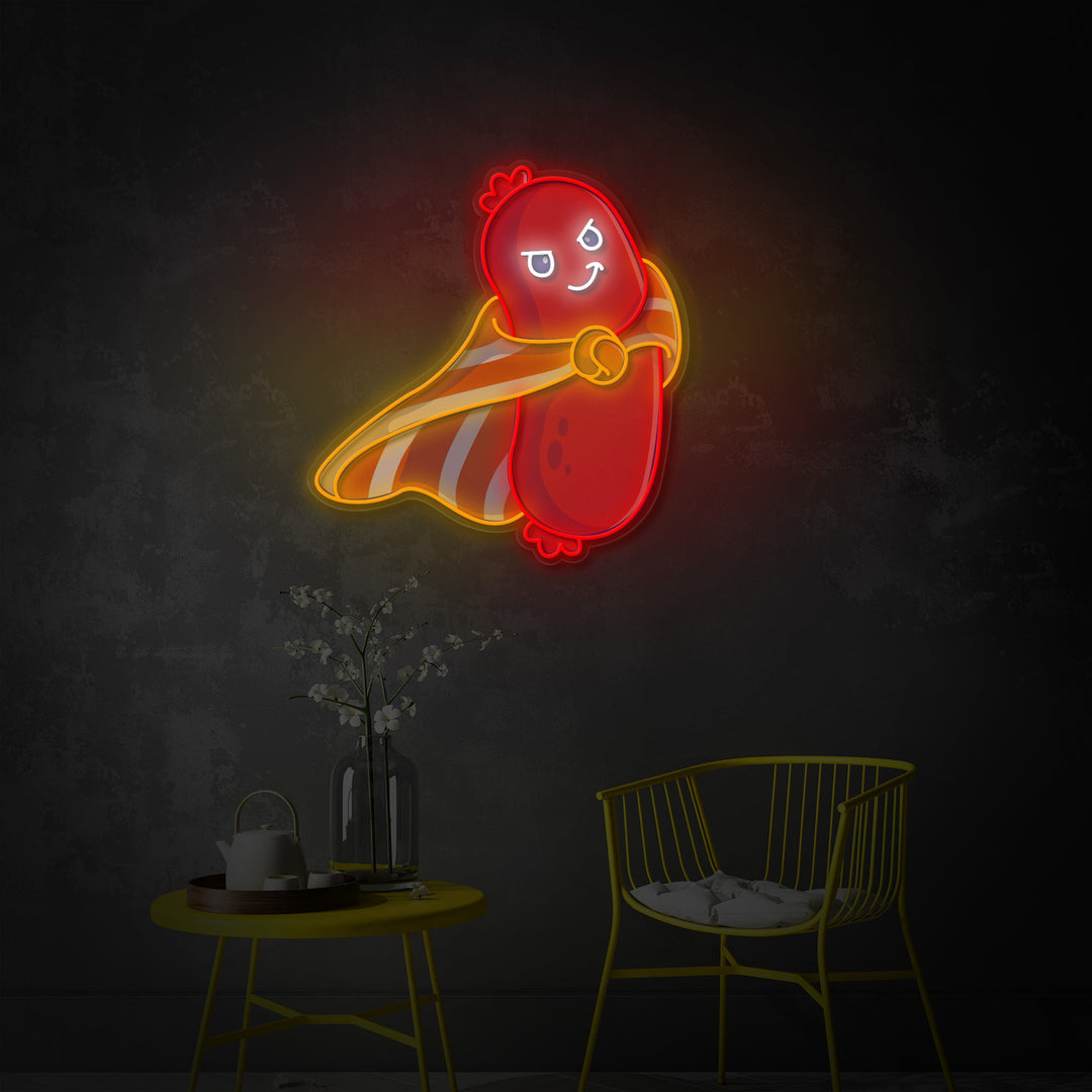 "Super héros de la saucisse mignonne, nourriture, restaurant" Enseigne néon LED imprimée UV