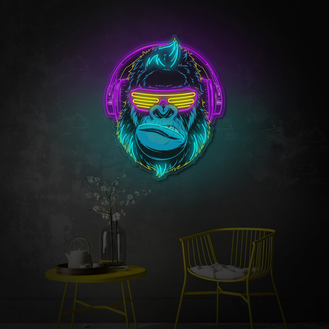 "Singe cyberpunk avec casque, décoration de salle de jeux" Enseigne néon LED imprimée UV