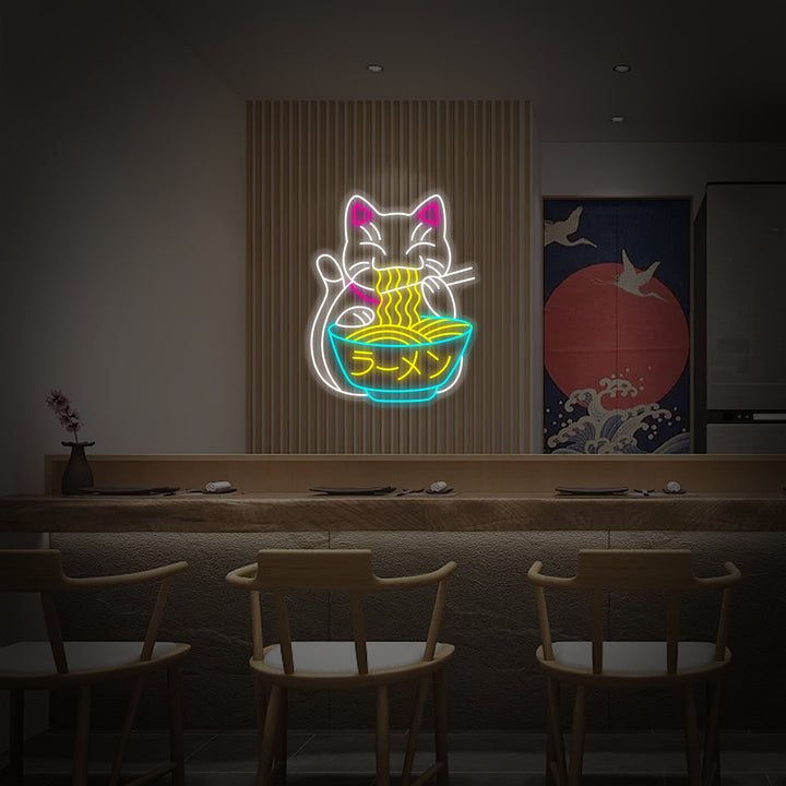 "Le Chat Porte-Bonheur Mange Des Ramens Et Des Nouilles" Enseigne Lumineuse en Néon