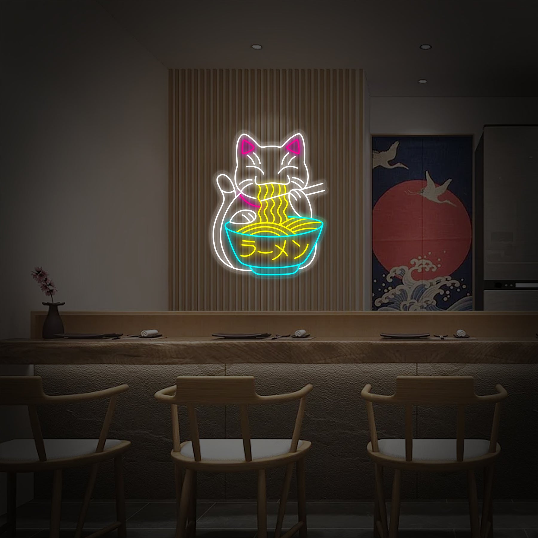 Enseigne Lumineuse Chat Ramen Kawaii - Néon LED Anime Pour Restaurant Japonais, Bar, Cuisine Ou Chambre - USB, 38x32cm