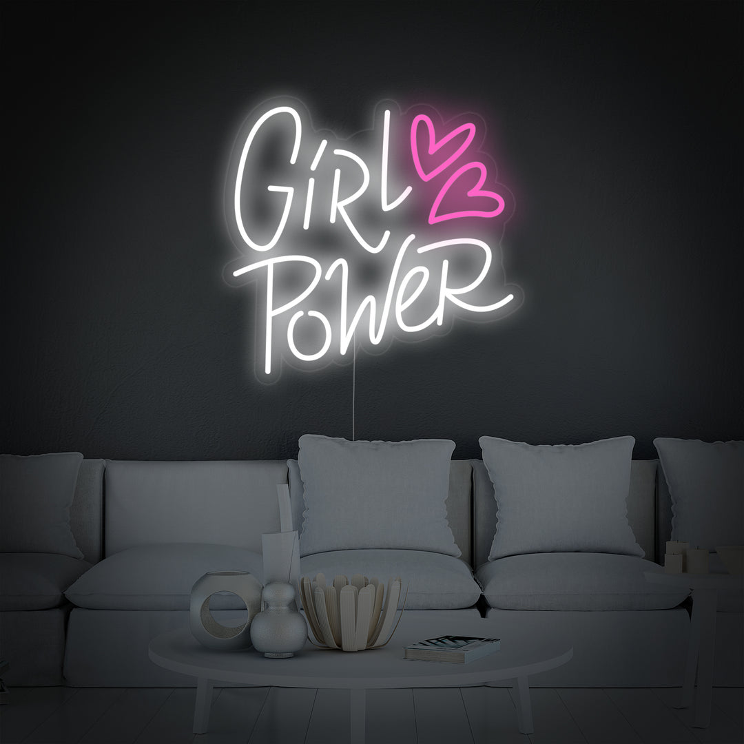 "Girl Power Avec Des Cœurs" Enseigne Lumineuse en Néon