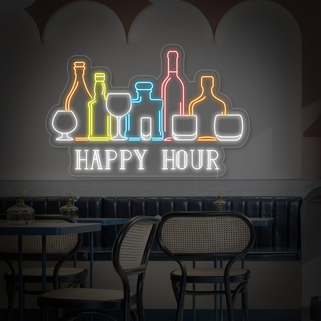 "Happy Hour Bar Vins Bouteilles" Enseigne Lumineuse en Néon