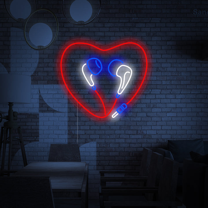 "Écouteurs En Forme De Cœur" Enseigne Lumineuse en Néon