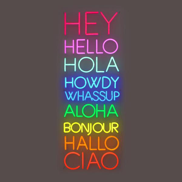"Hey Hello Hola Howdy Whassup Aloha Hallo Bonjour Ciao" Enseigne Lumineuse en Néon