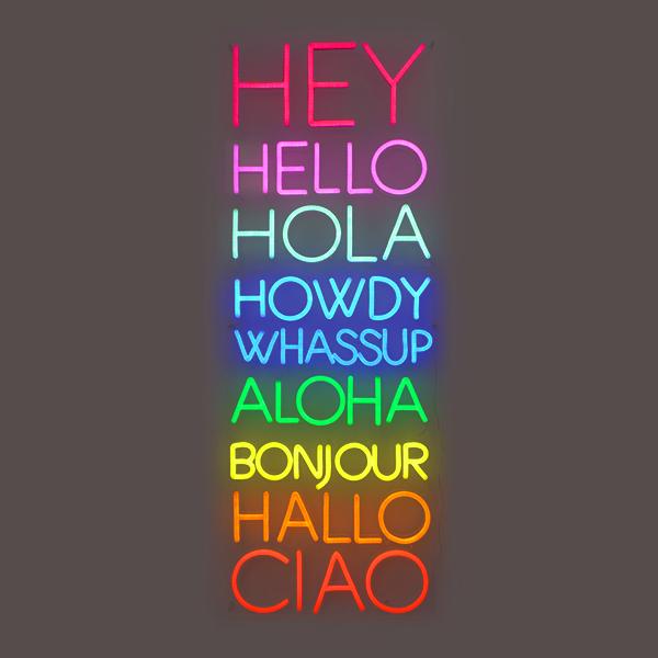 "Hey Hello Hola Howdy Whassup Aloha Hallo Bonjour Ciao" Enseigne Lumineuse en Néon