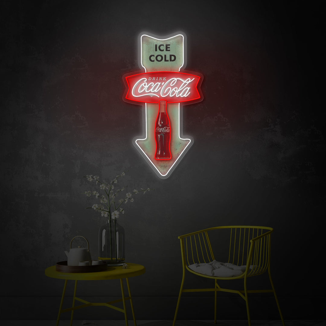"Ice Cold Coca Cola, flèche de dîner vintage" Enseigne néon LED imprimée UV