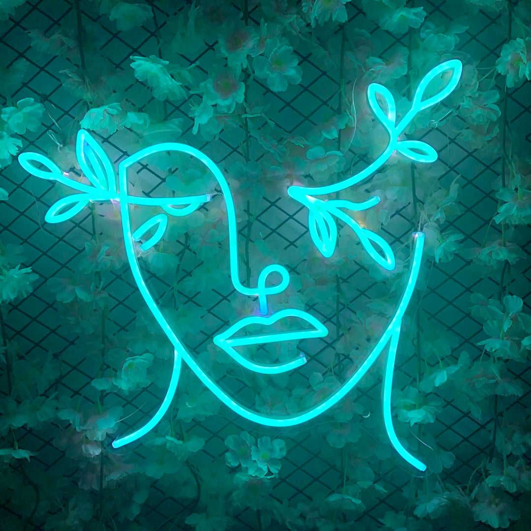 "Feuille, Femme Visage" Enseigne Lumineuse en Néon