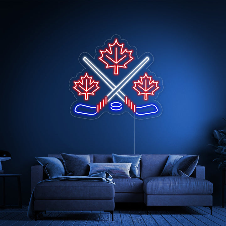 "Feuilles D'Érable Avec Crosses De Hockey Croisées" Enseigne Lumineuse en Néon