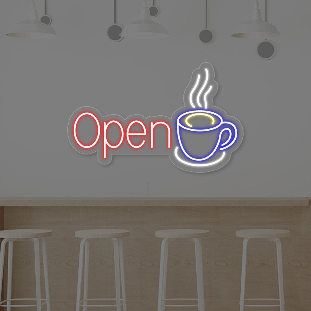 "Open, Tasse à café" Lumineuse en Néon
