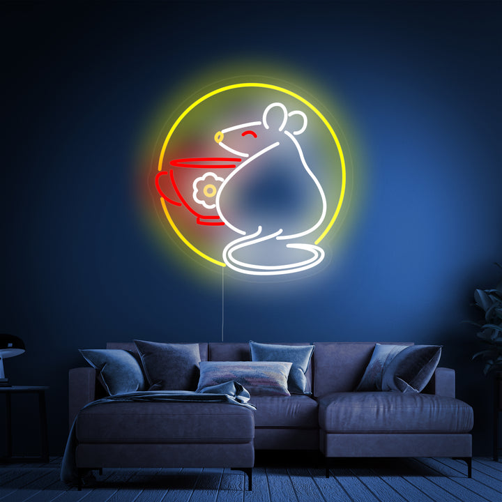 "Rat Avec Tasse" Enseigne Lumineuse en Néon