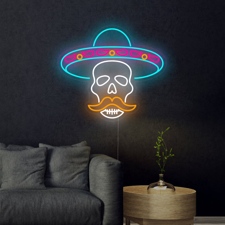 "Crâne Dans Un Sombrero Pour Le Jour Des Morts" Enseigne Lumineuse en Néon