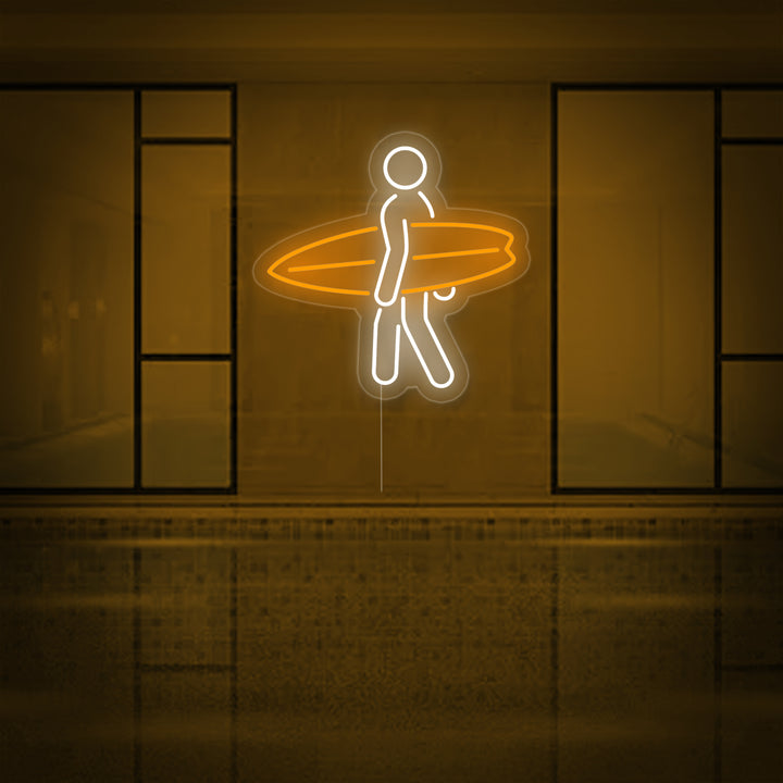 "Homme Portant Une Planche De Surf Dans Le Sport De Surf" Enseigne Lumineuse en Néon
