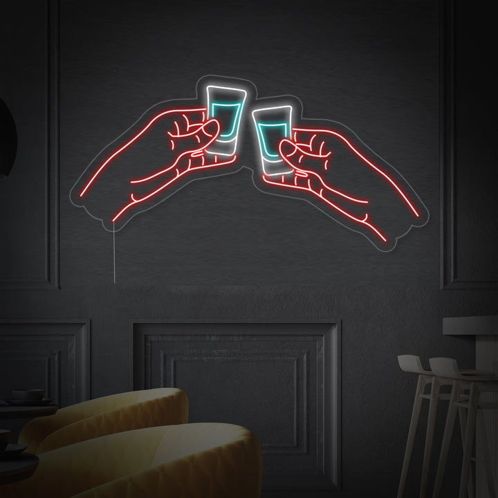 "Verres De Vodka Ou De Tequila À Deux Mains Bar" Enseigne Lumineuse en Néon