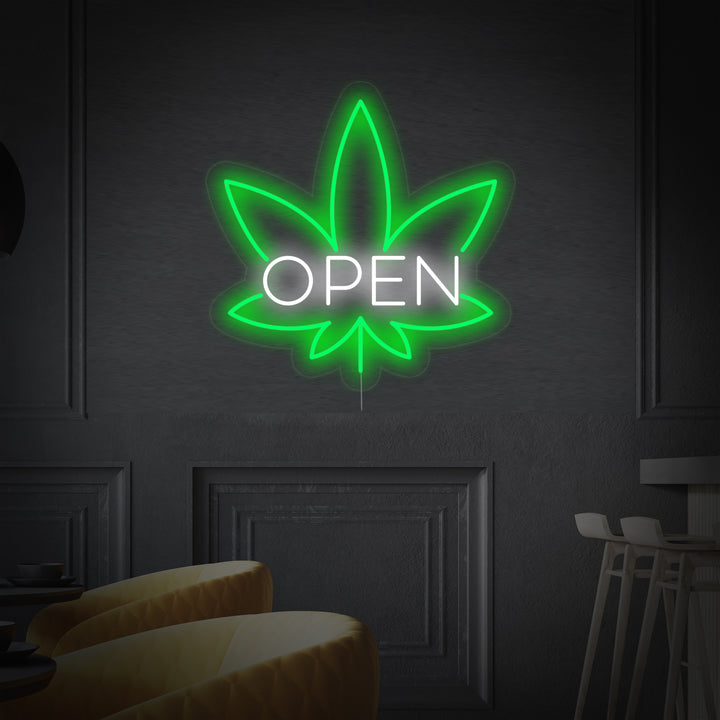 "OPEN, feuilles Bar" Lumineuse en Néon