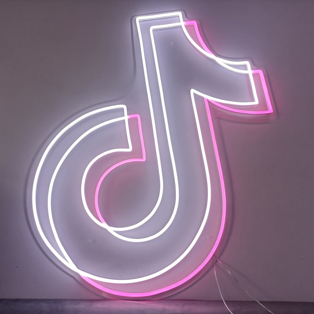 Logo TikTok fini néon brillant en blanc et rose