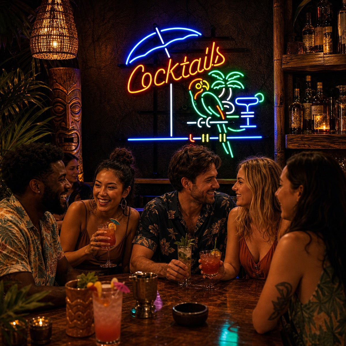 Un intérieur de bar et de restaurant avec une enseigne au néon personnalisée