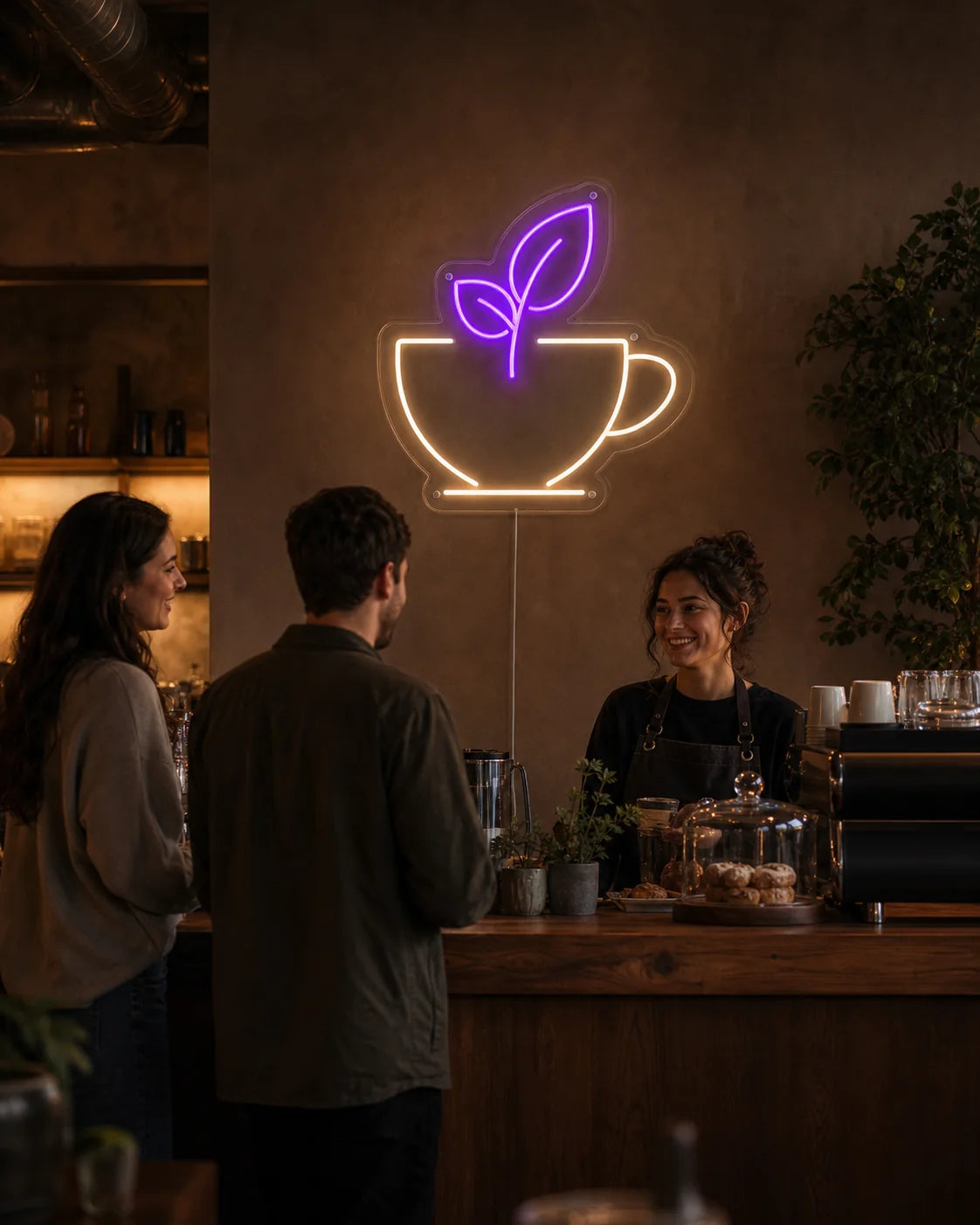 Un café-boutique utilisant une icône personnalisée en forme de café et de feuille de néon pour attirer les clients