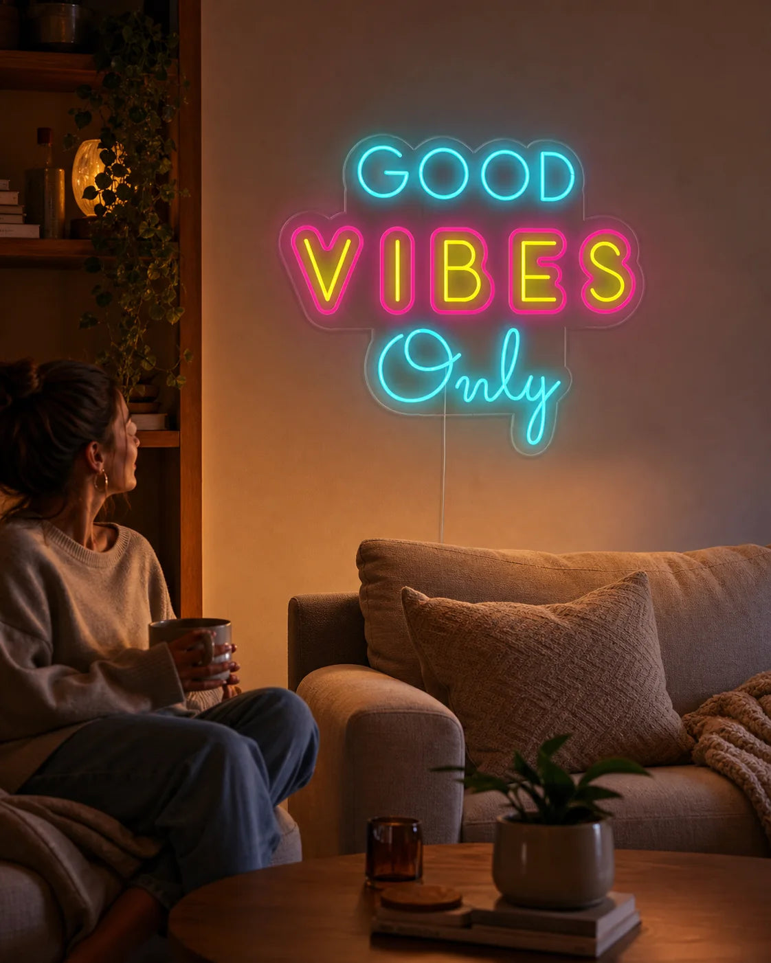 Un salon chaleureux personnalisé avec une enseigne au néon Good Vibes Only